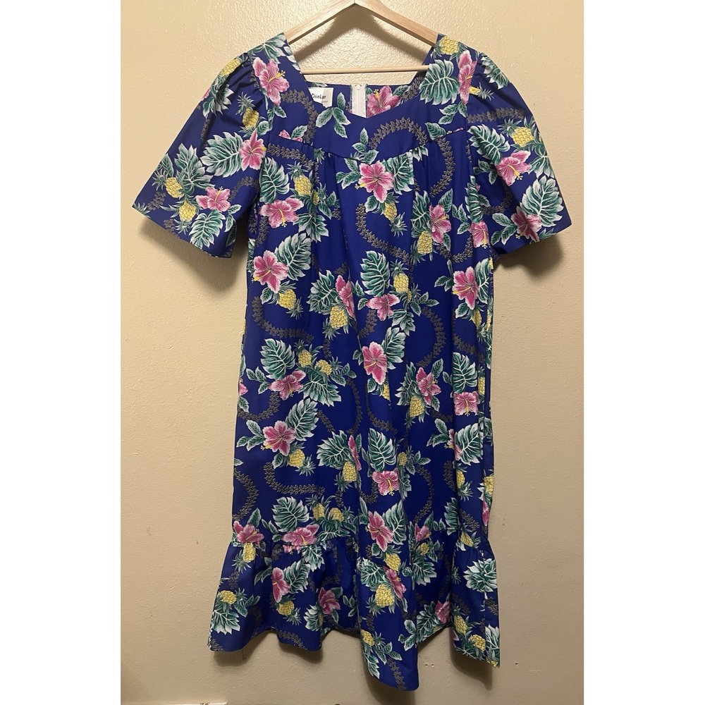 Vtg Chin Lan Hawaiian Floral Blue Pink Dress Made In Hawaii Muumuu Tiki Sz XL